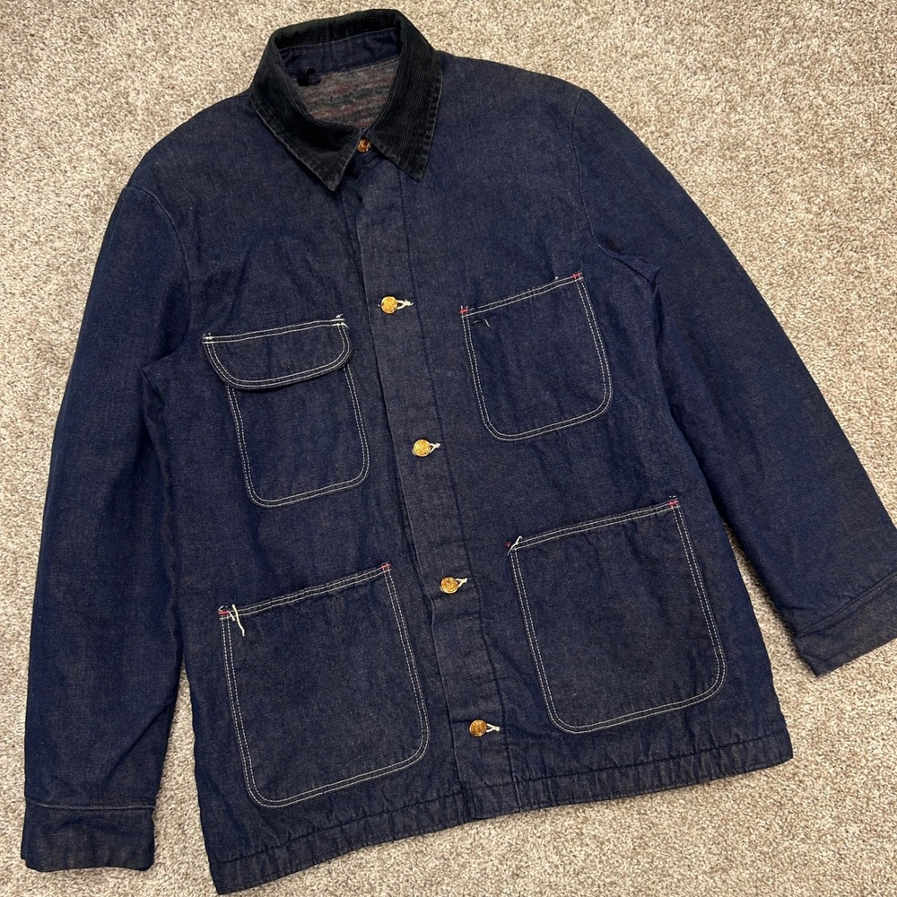 Vintage Big Ben by Wrangler Denim Blanket Lined Chore Coat Men 38 Corduroy Colla